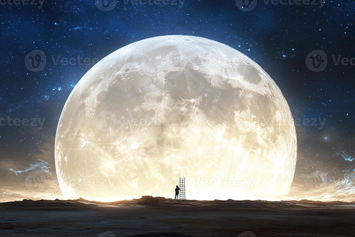 A man stands on a ladder looking at the moon photo