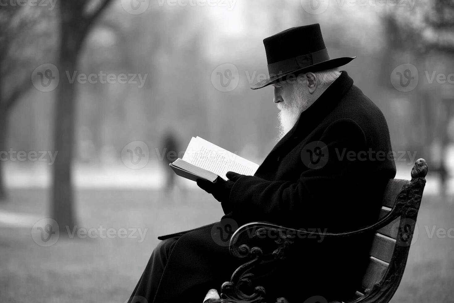 An old man in a hat and coat sitting on a park bench reading a book photo