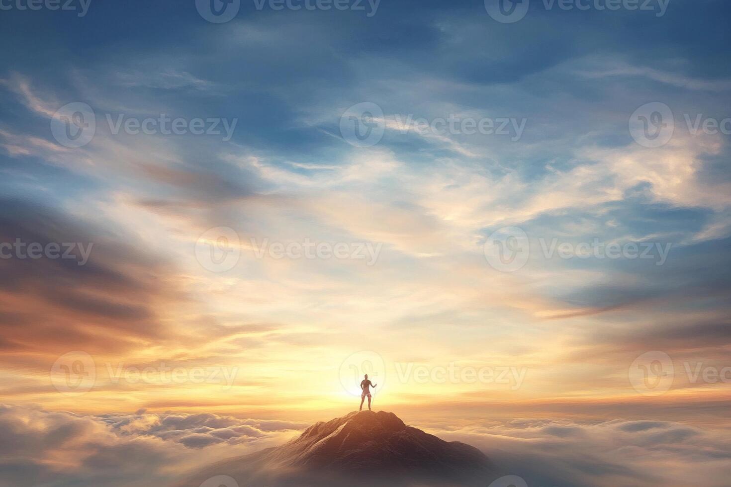 A man stands on top of a mountain with the sun setting behind him photo