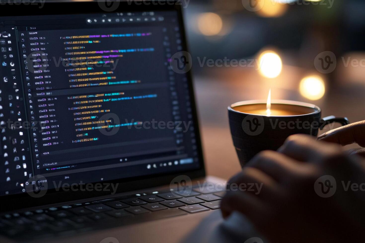 A person using a laptop with a cup of coffee photo