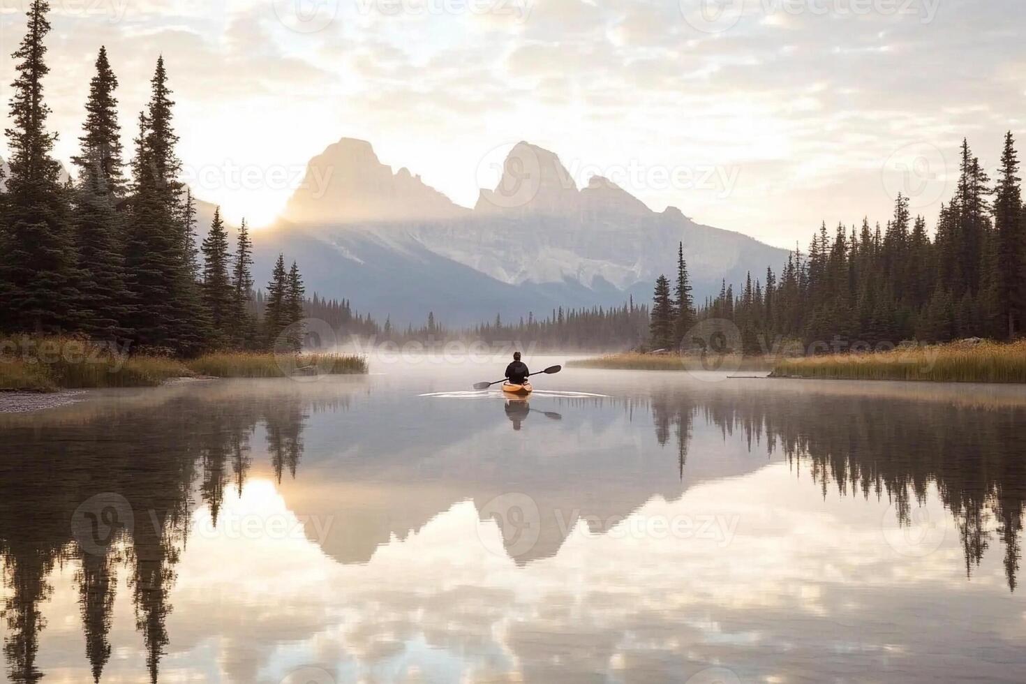 A man paddles a canoe on a calm river with mountains in the background photo