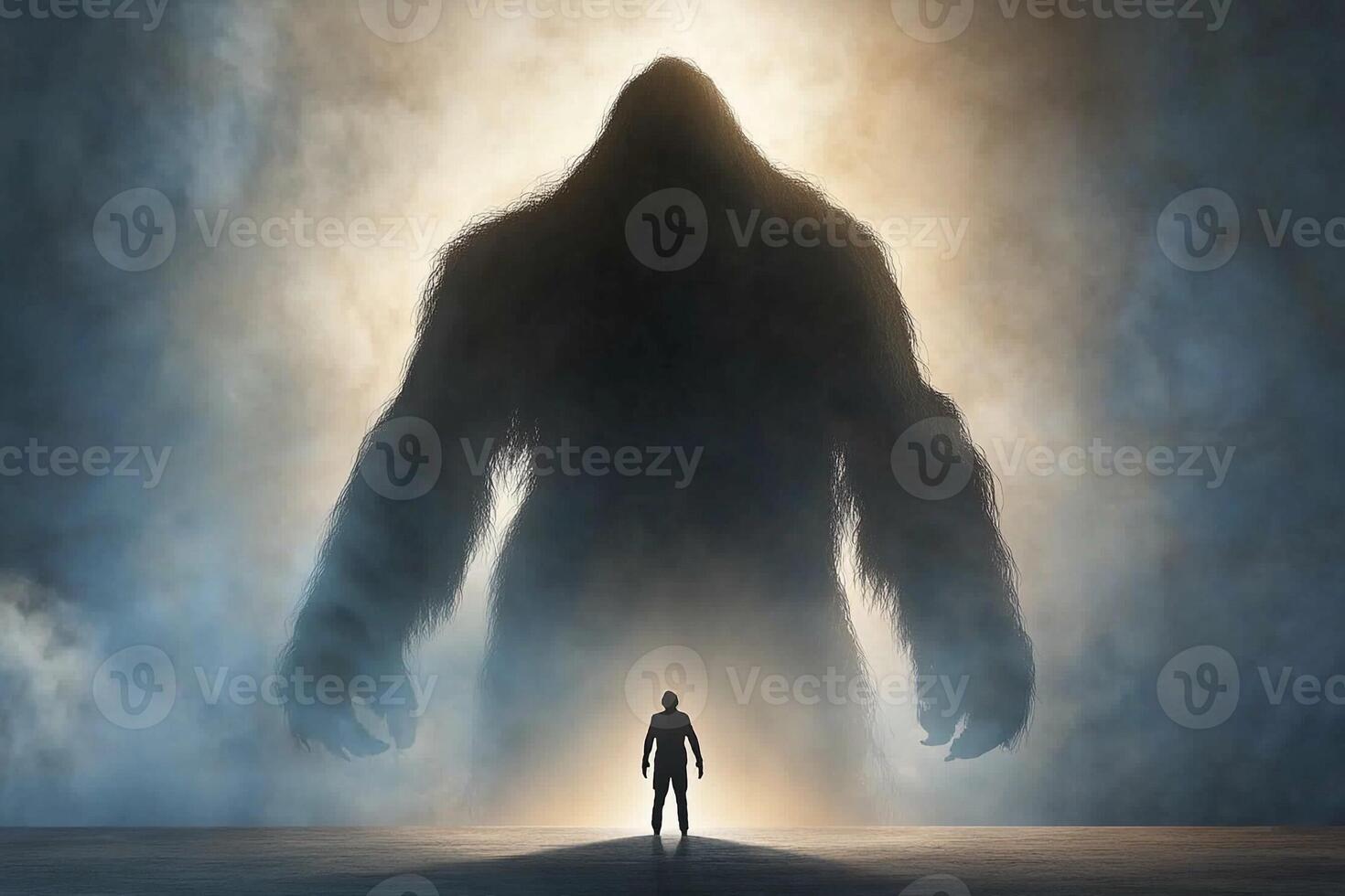 A man standing in front of a giant creature photo