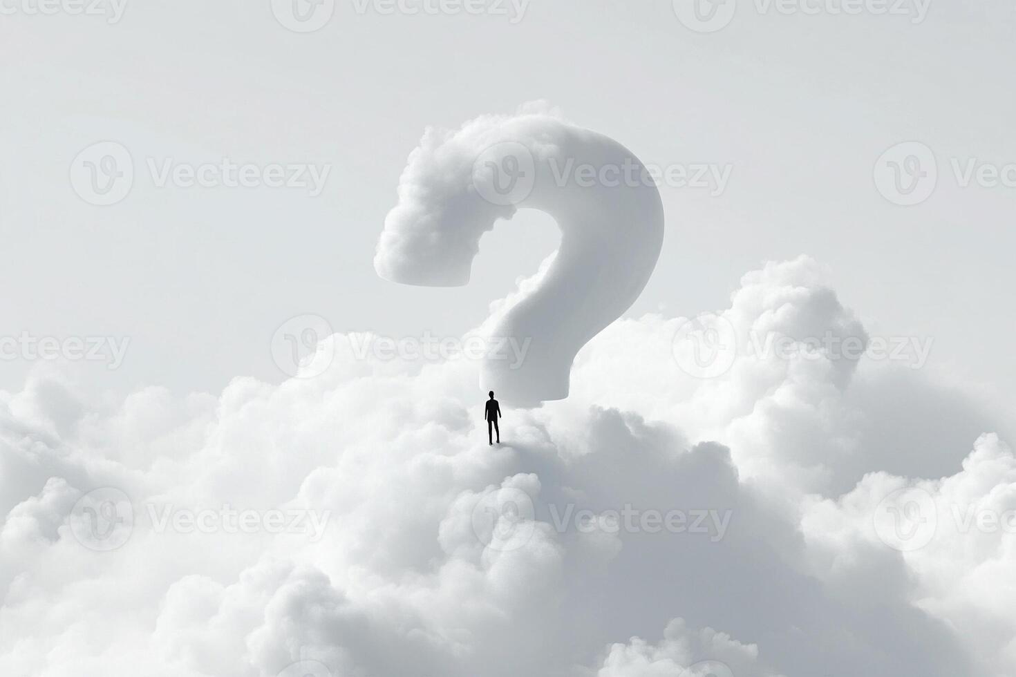 Man standing in the clouds with question mark photo