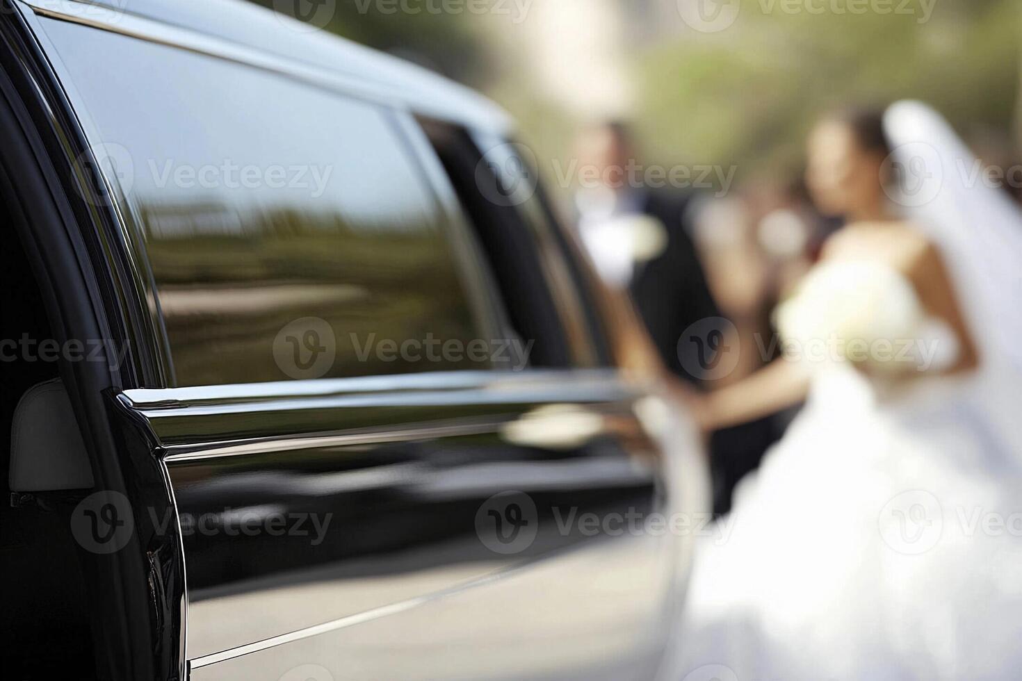 A bride and groom are getting into a limo photo