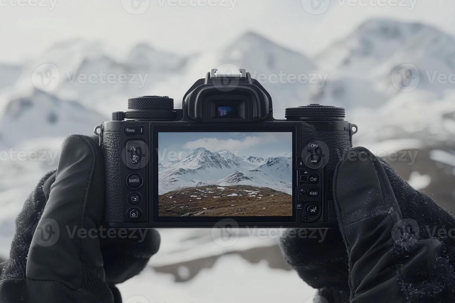 A person holding up a camera with a snowy mountain in the background photo