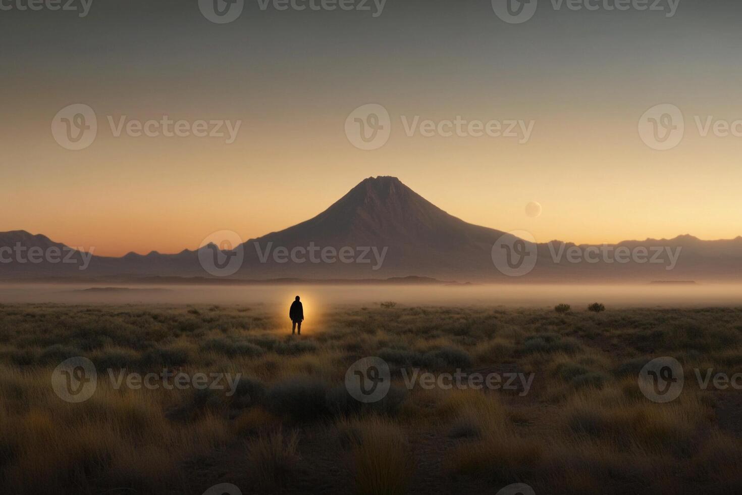 A man stands in the middle of a field with a light shining in the distance photo