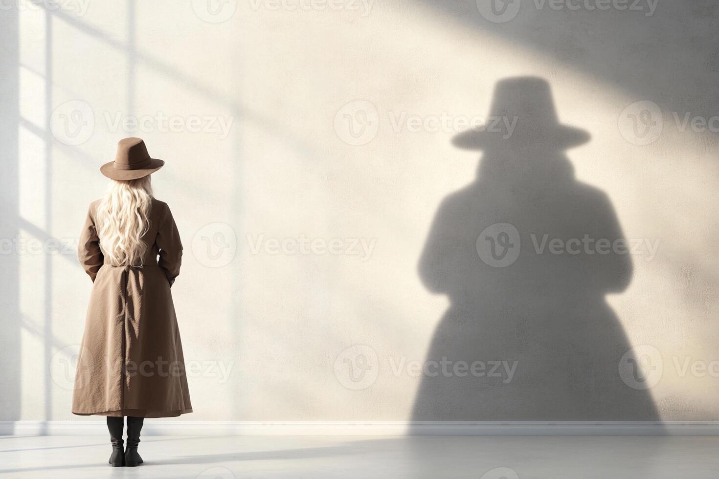 A woman in a hat and coat standing in front of a large window photo