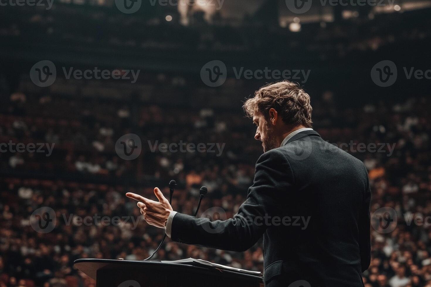 A man in a suit is giving a speech at a podium photo