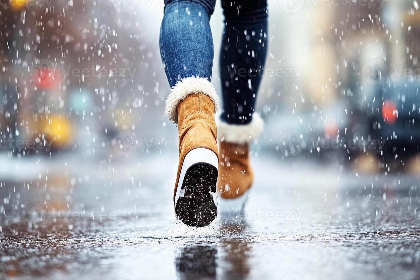 A person walking in the rain with their shoes on photo