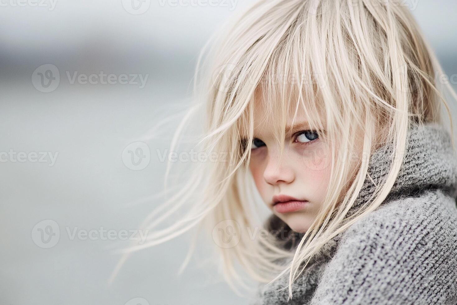 A young girl with long blonde hair looking off into the distance photo