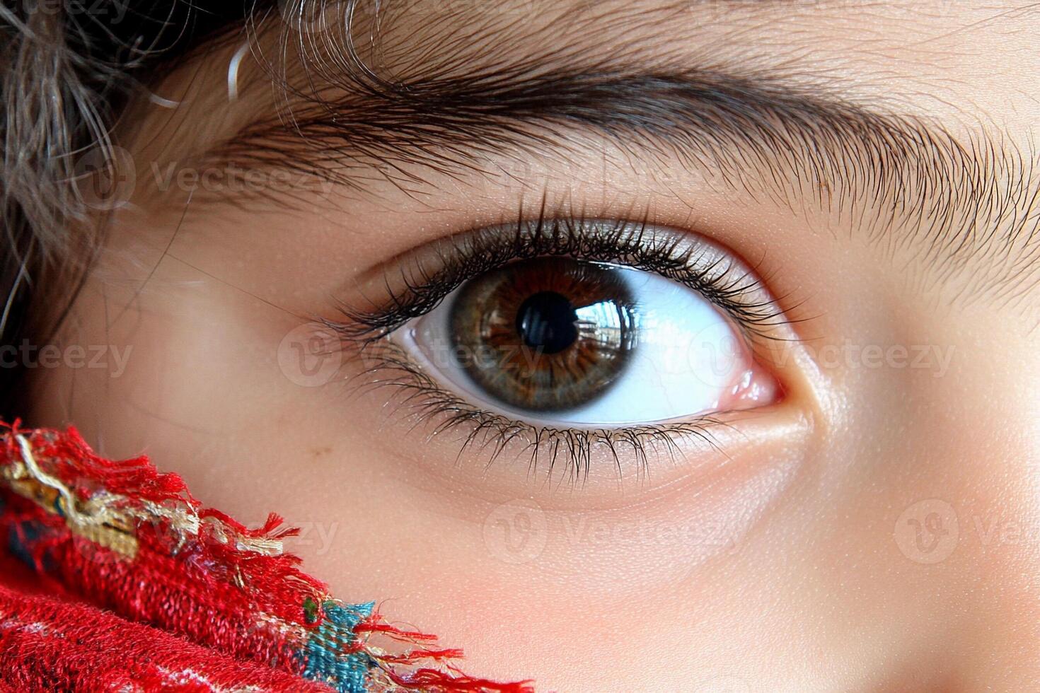 A close up of a child's eye with a red scarf photo