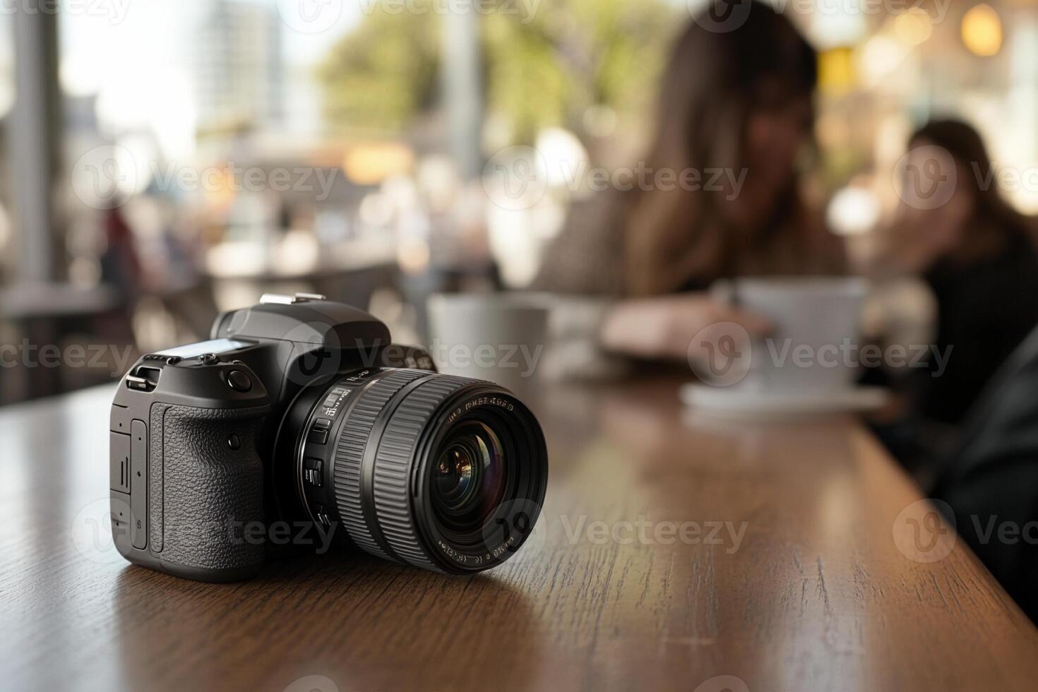 A camera sitting on a table in a coffee shop photo