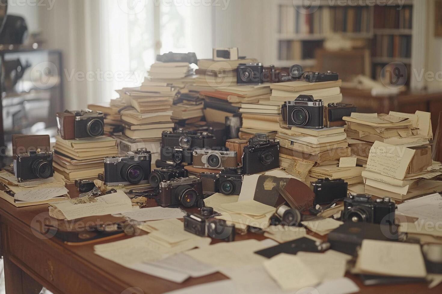 A pile of old cameras on a desk photo