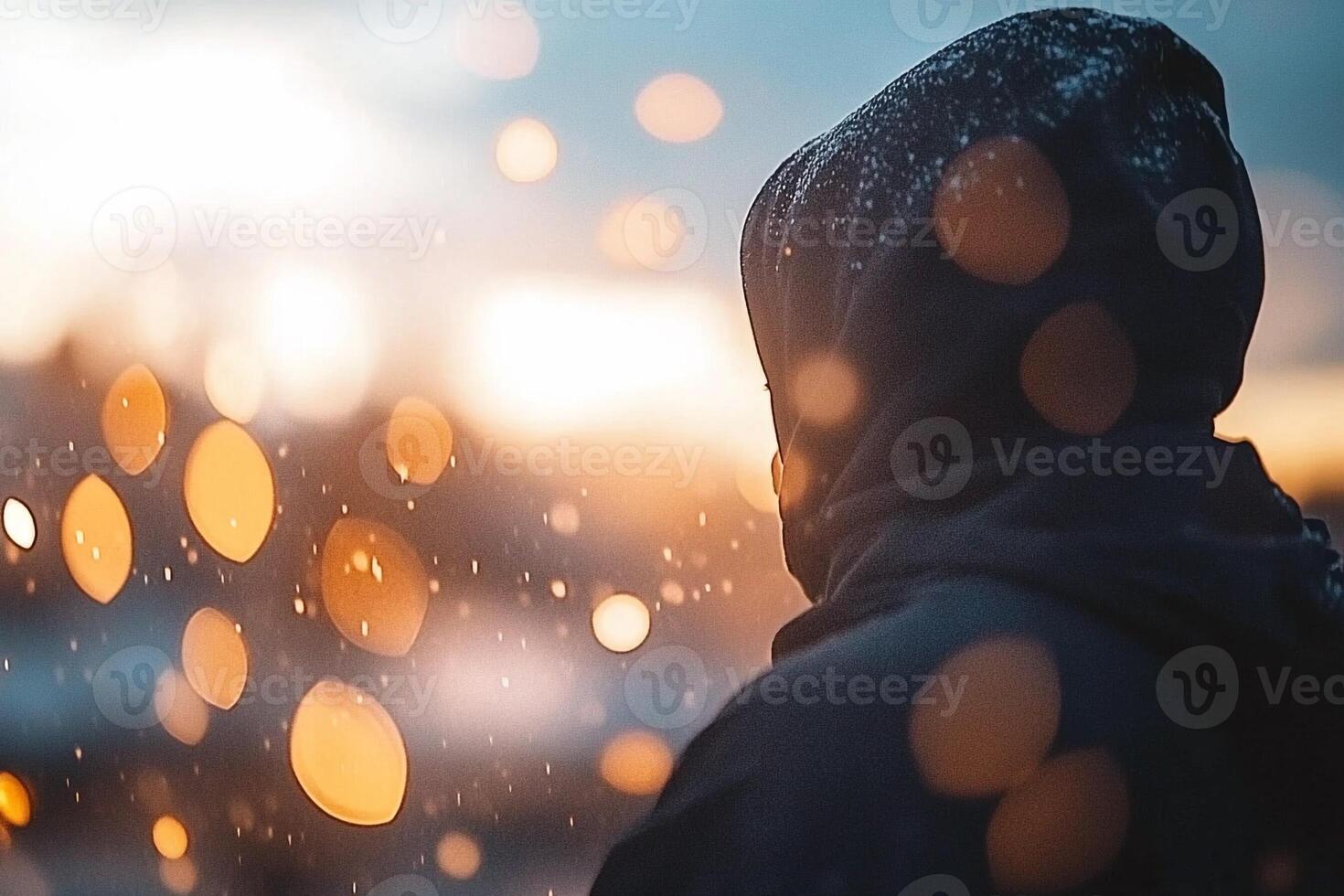 A person in a hoodie standing in front of a snow covered background photo