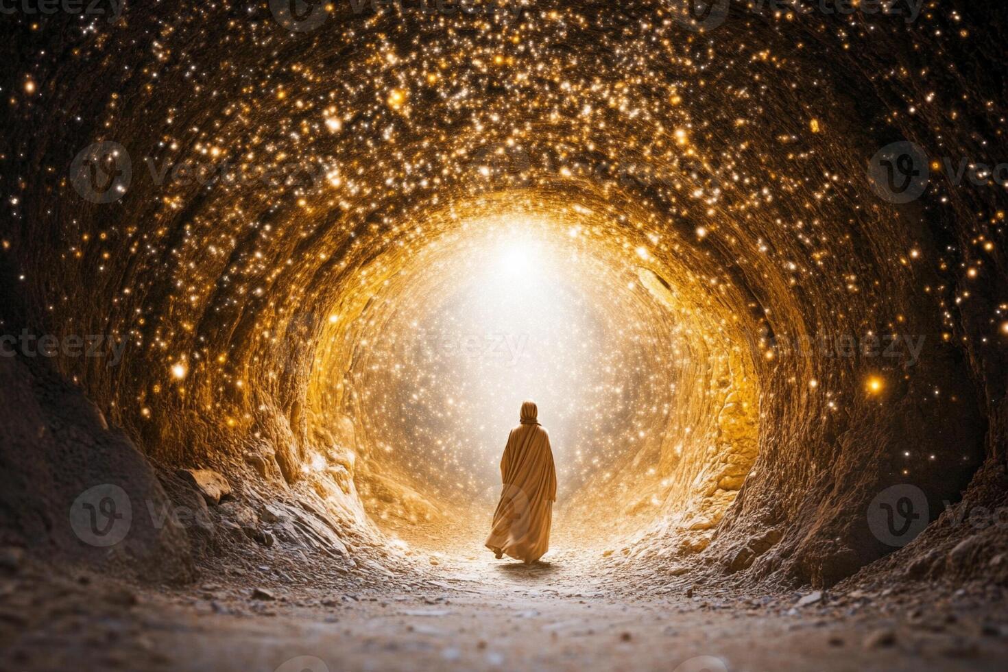 A man in a robe standing in front of a tunnel with light coming out of it photo