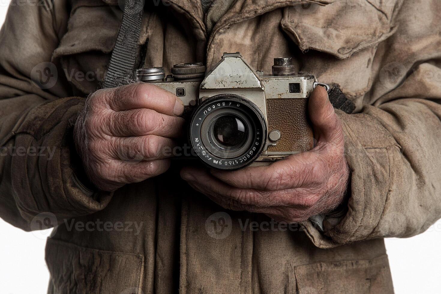 A man holding an old camera in his hands photo
