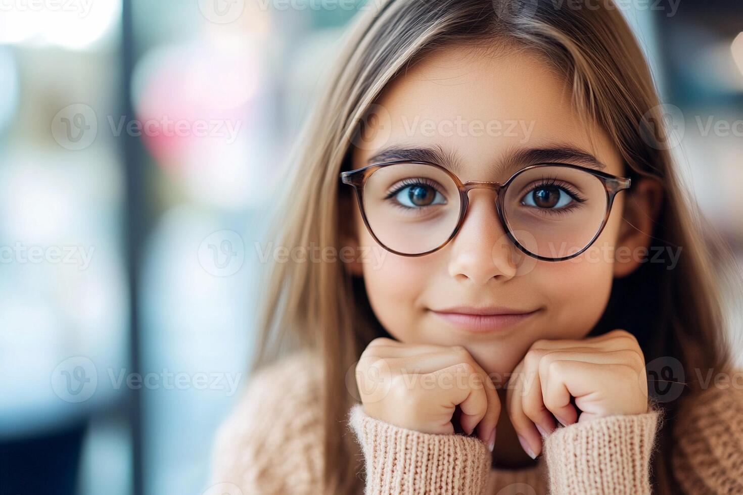 A young girl wearing glasses and looking at the camera photo