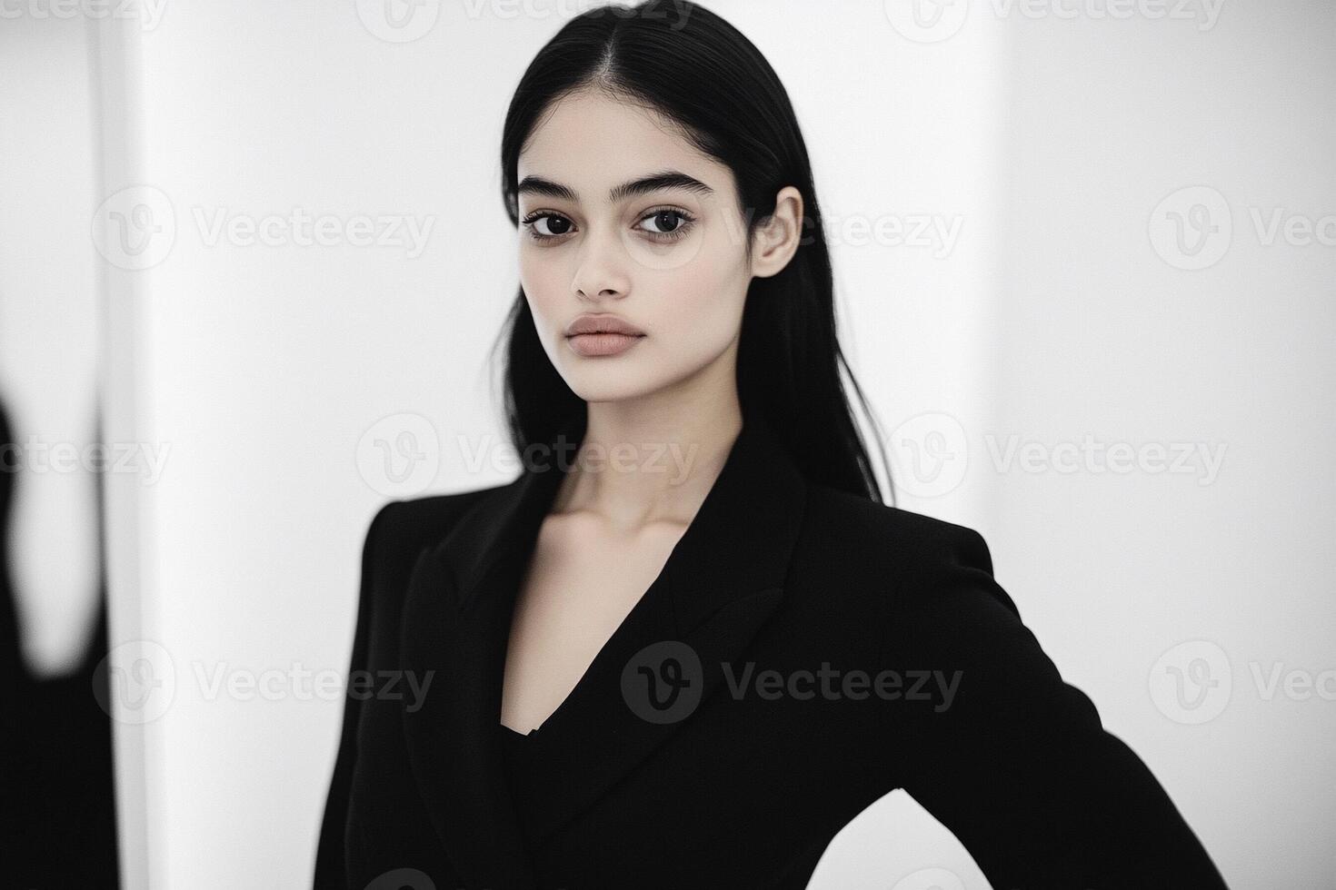 A woman in a black suit posing for the camera photo