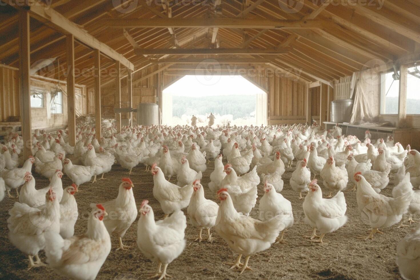 A large group of chickens in a barn photo