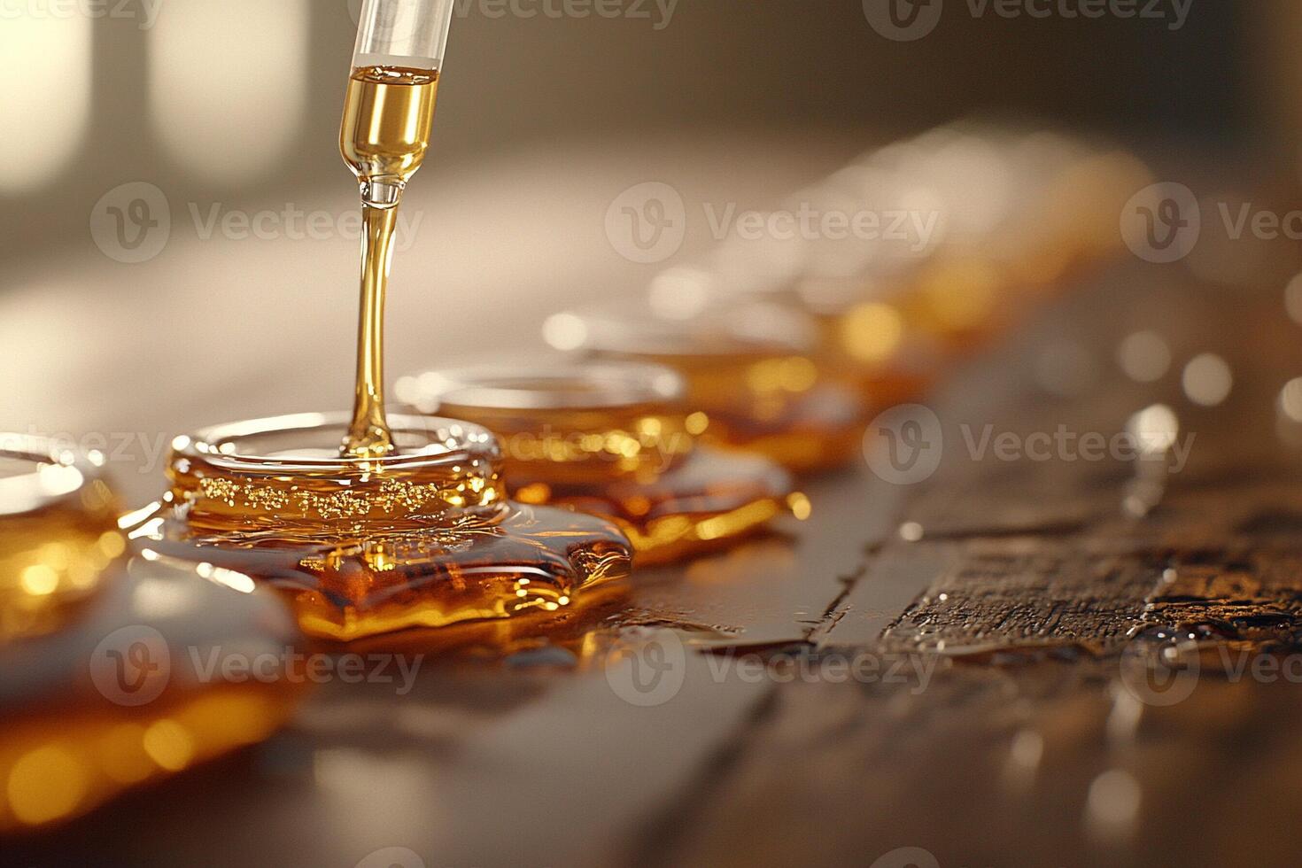 A line of jars with honey on a table photo