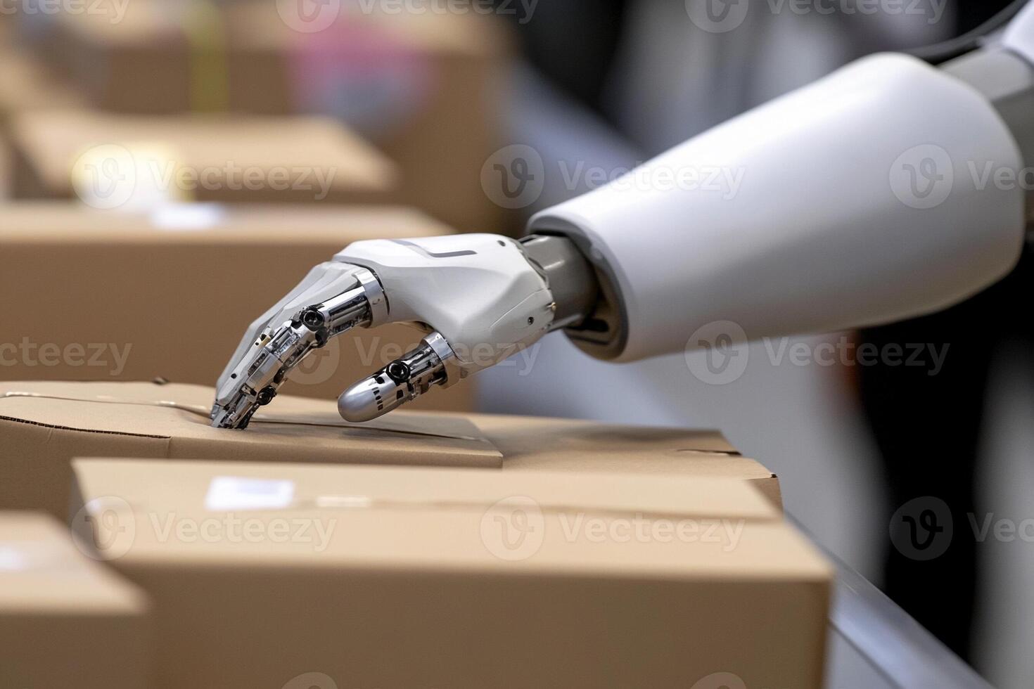 A robot hand is touching boxes in a warehouse photo