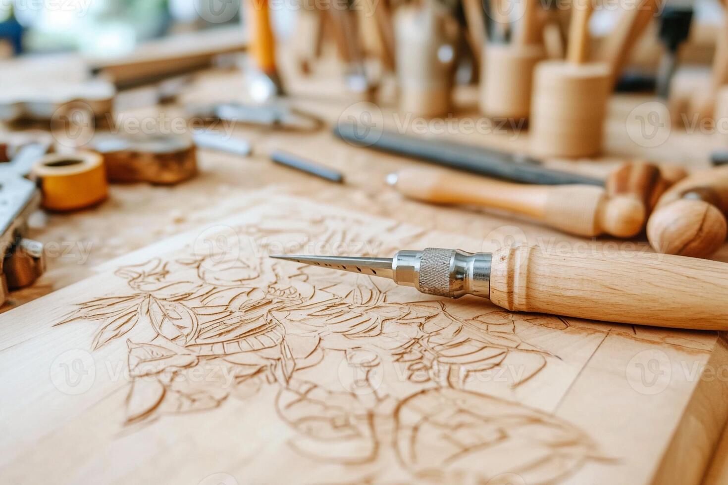 A wooden carving is being worked on by a woodworker photo