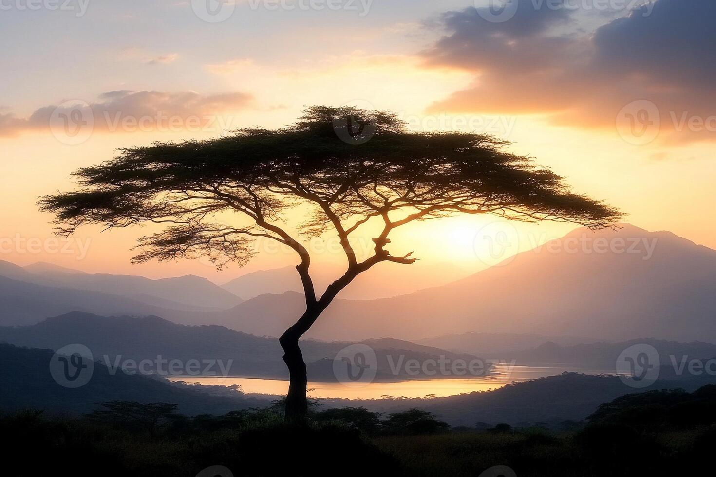 A lone acacia tree stands in the foreground of a sunset photo