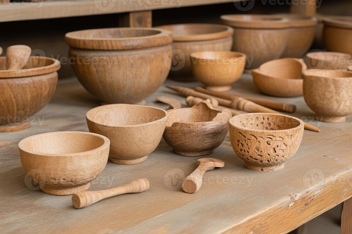 A table with many different wooden bowls and spoons photo