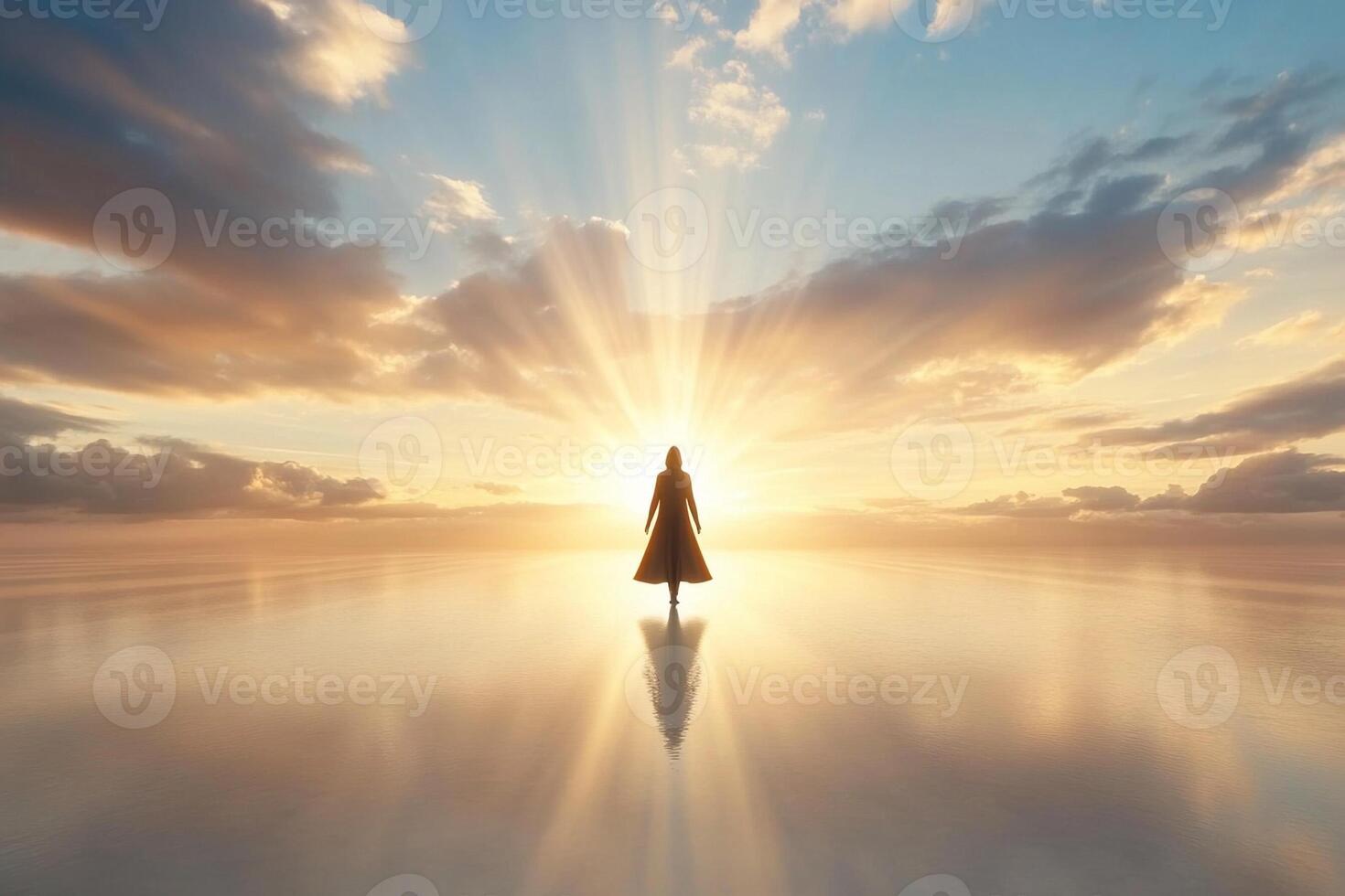 A person standing in the middle of a lake with the sun shining photo