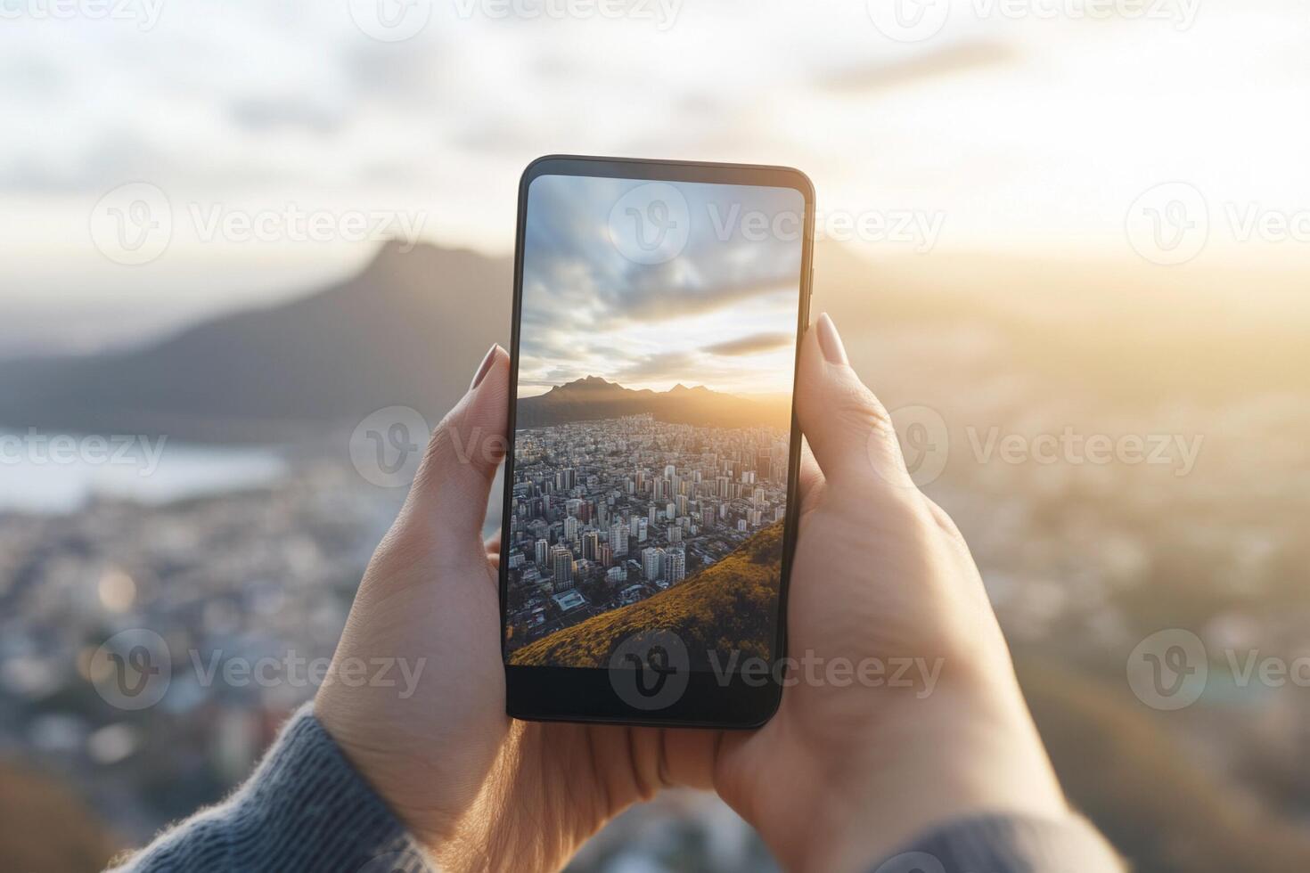 Woman holding smartphone with city view in background photo