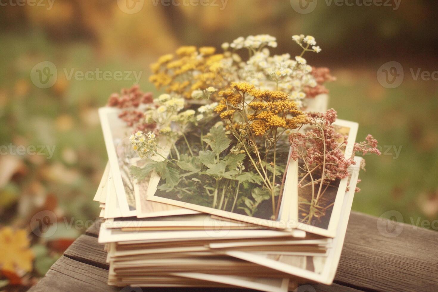 Old photographs of flowers on a table photo