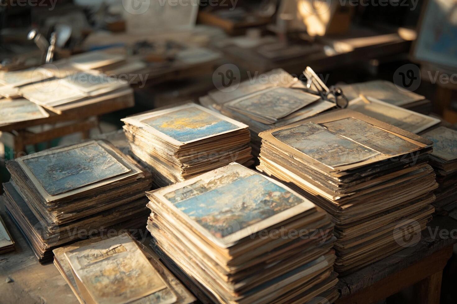 A pile of old books sitting on top of a table photo