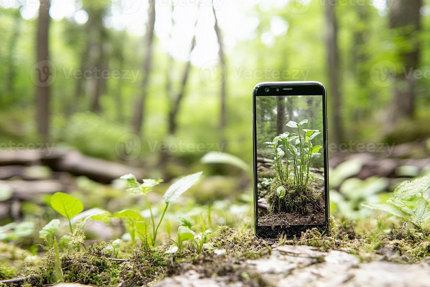 A smartphone is shown in the forest photo