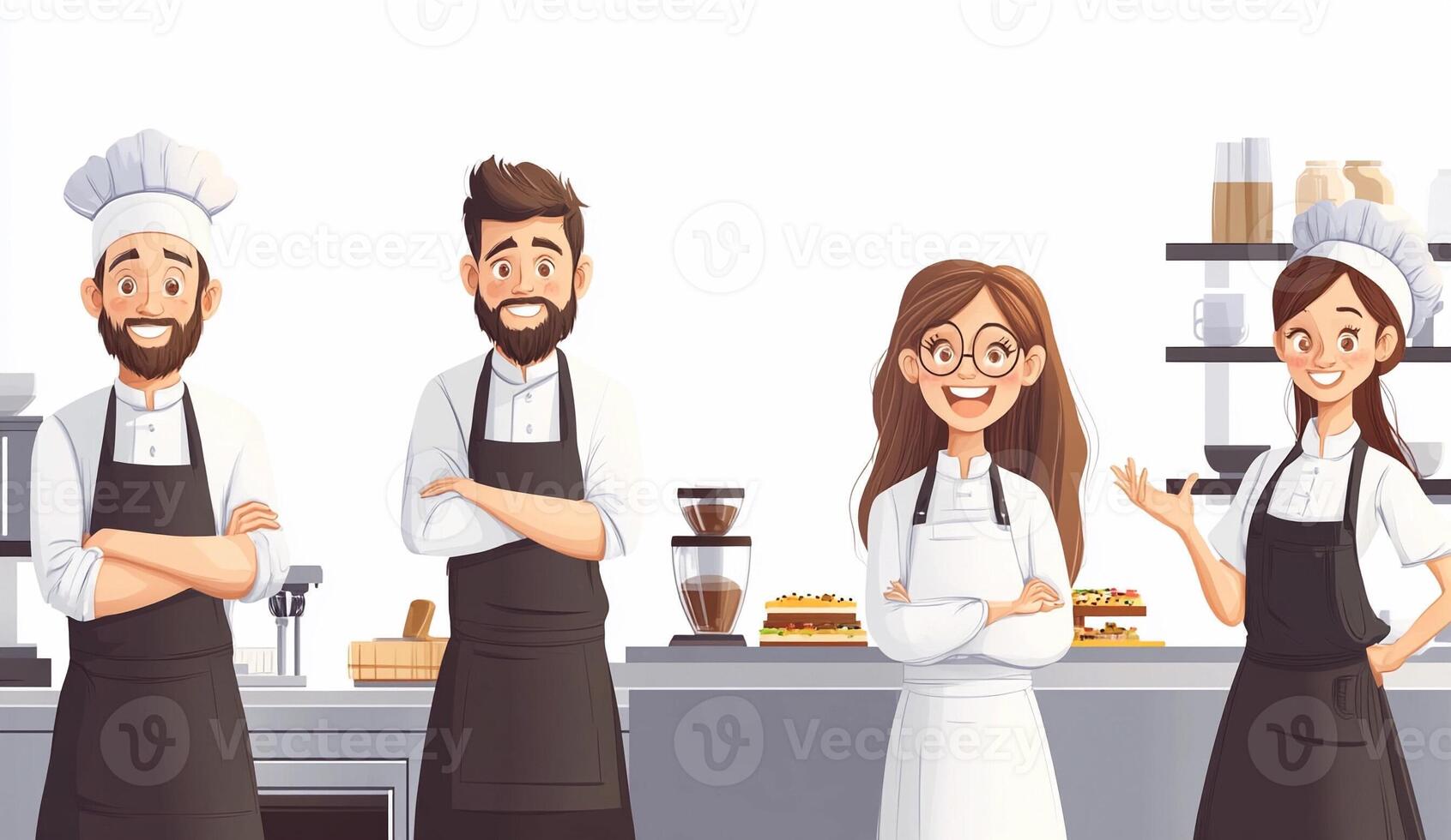 A group of people in aprons standing in front of a kitchen photo