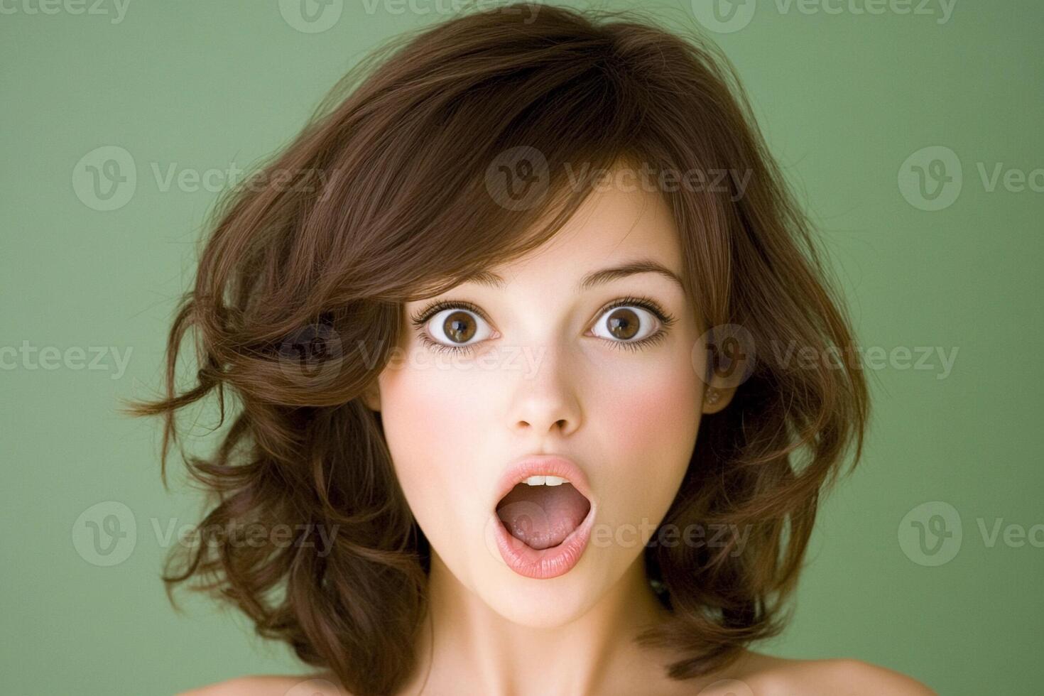A woman with her mouth open and a shocked expression photo