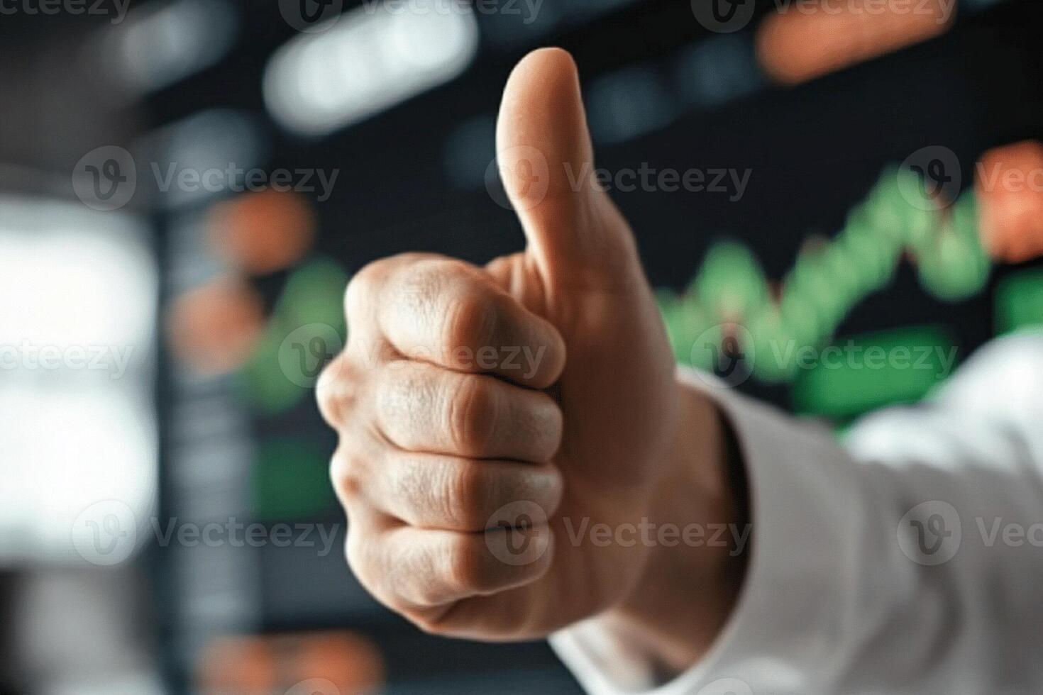 A person giving the thumbs up sign with a stock market graph photo
