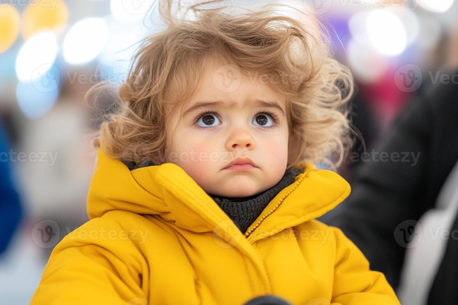 A little girl in a yellow coat looking up photo
