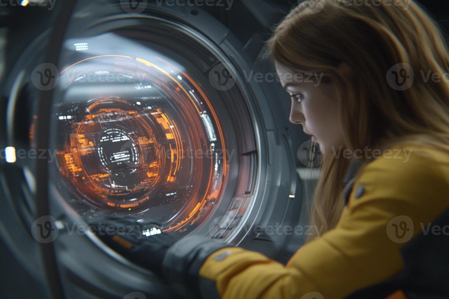 A woman in a space suit looking at a futuristic device photo
