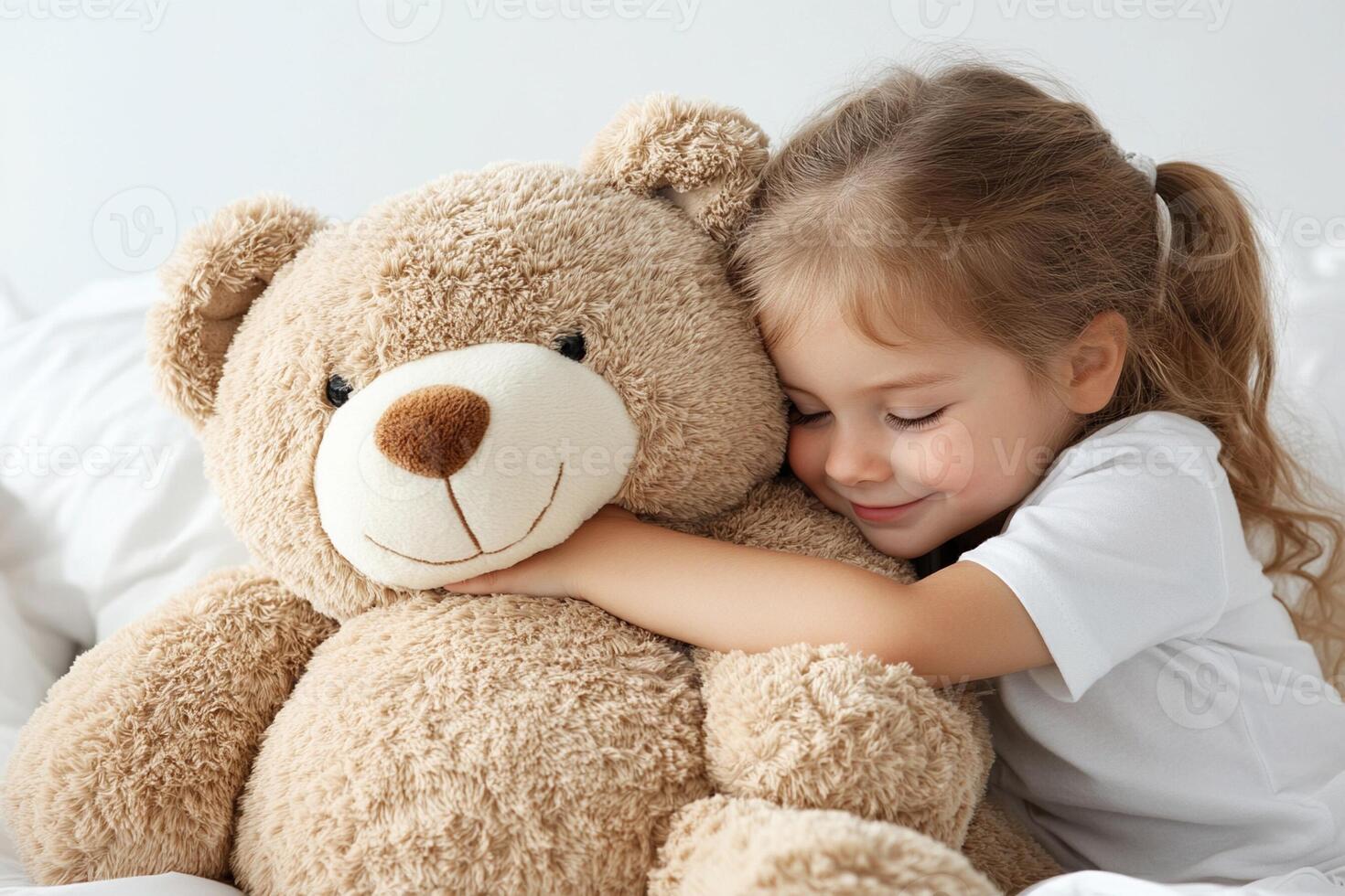 A little girl hugging a teddy bear photo