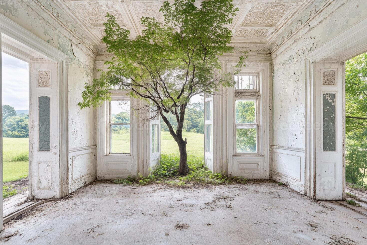 A tree growing in an abandoned room photo