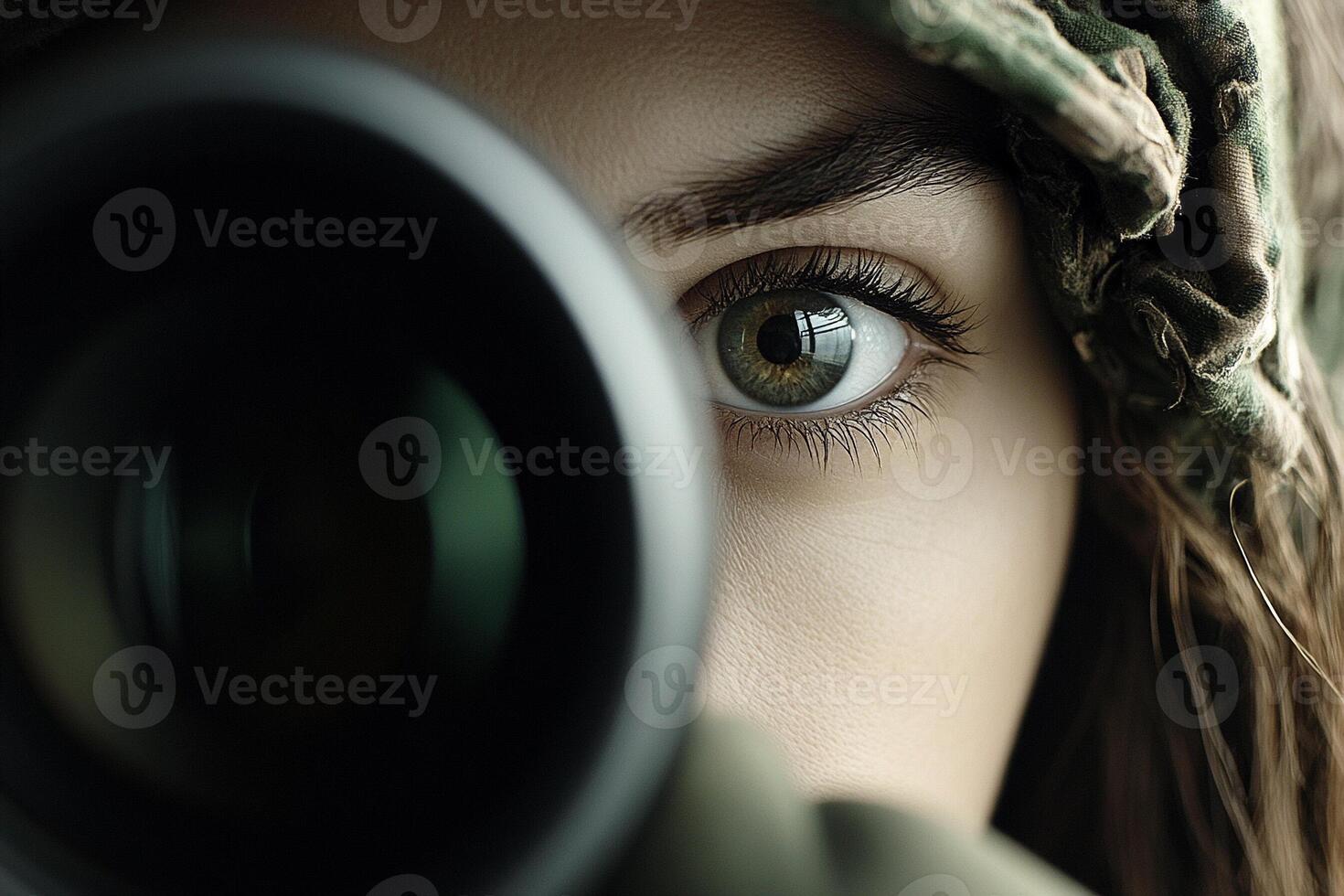A woman wearing a camouflage hat is looking through a camera photo