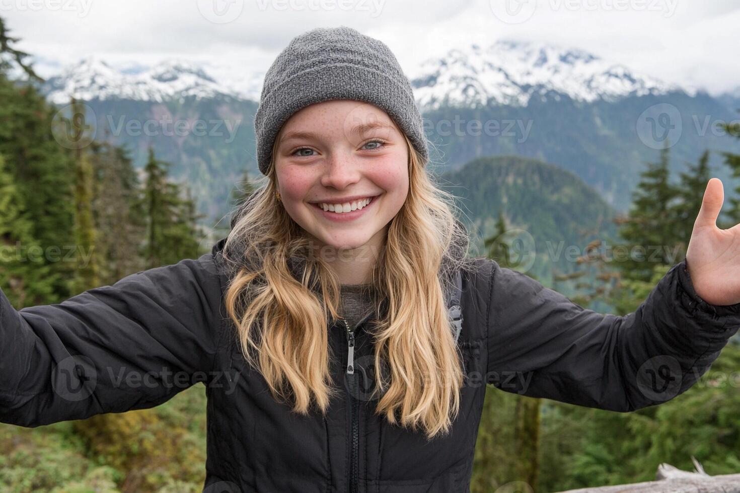 A girl with her hands up in the air photo