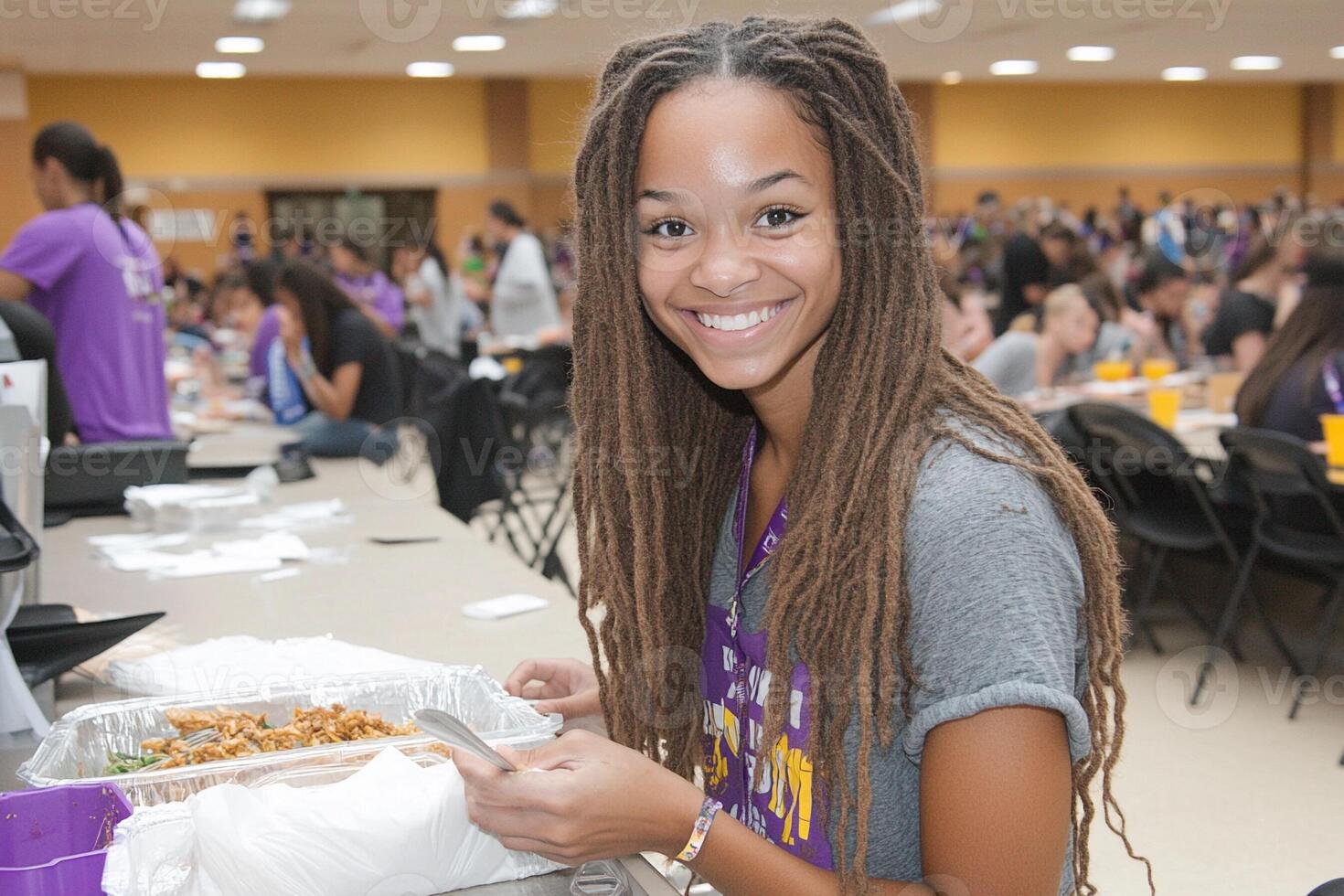 A girl with dreadlocks is smiling while holding a tray of food photo