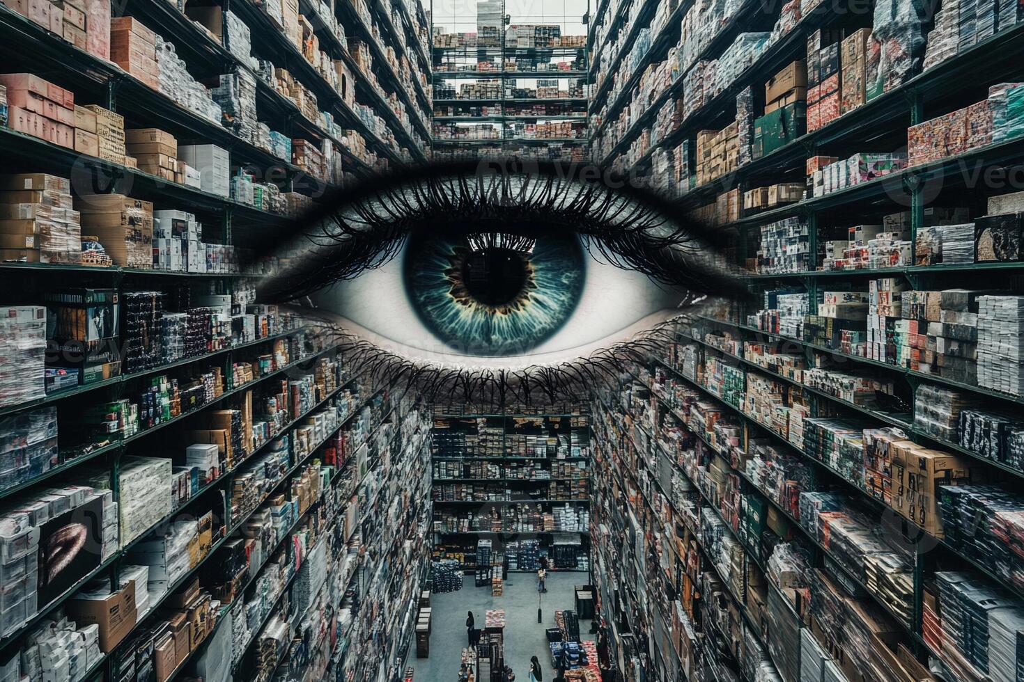 An eye is seen in the middle of a large warehouse photo