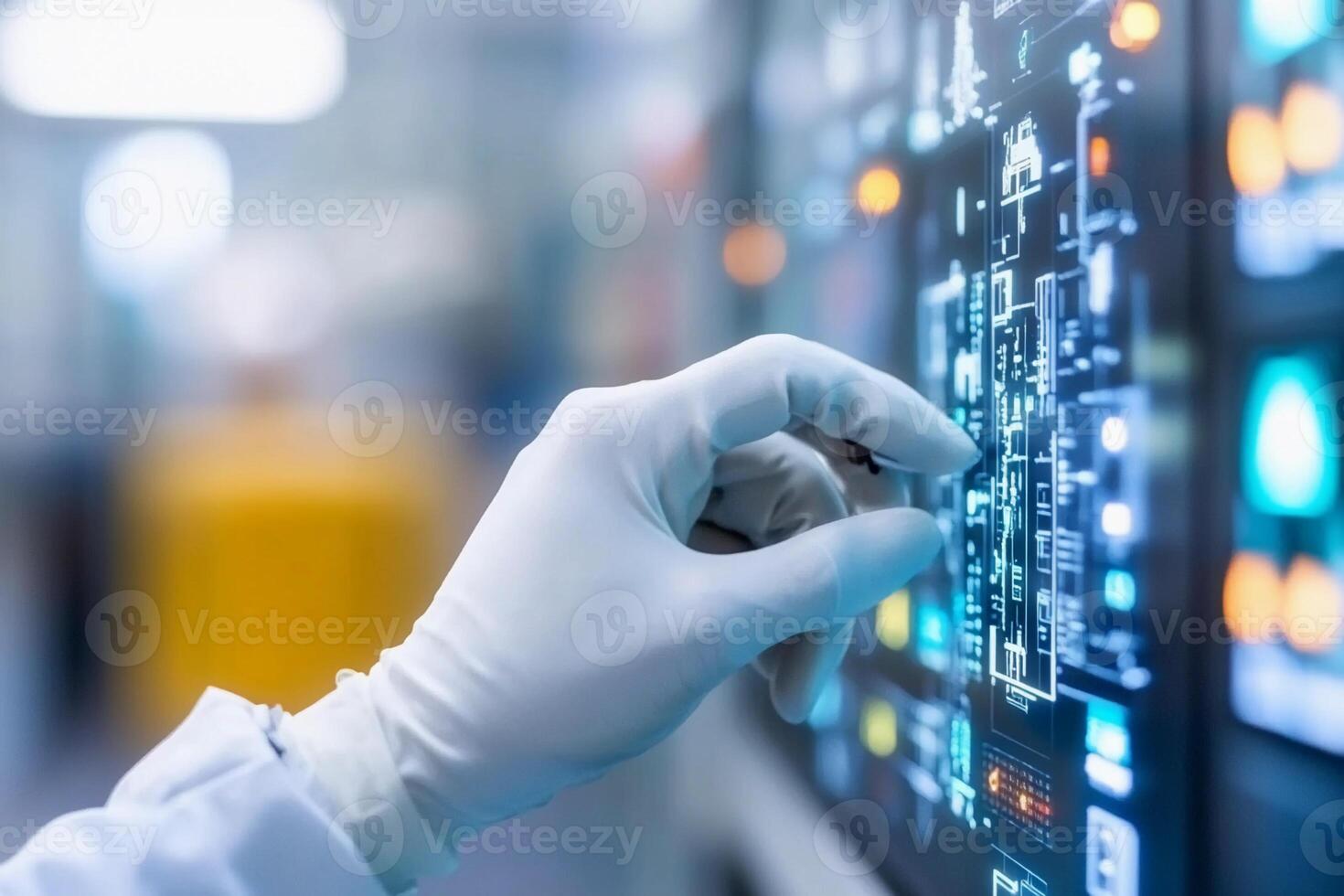 A person in a lab coat is touching a computer screen photo