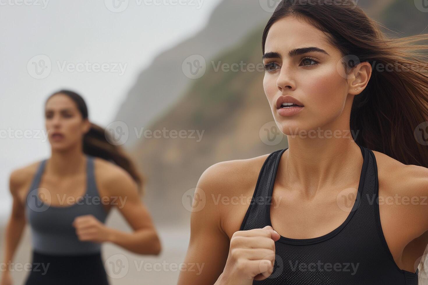 Two women running on the beach photo