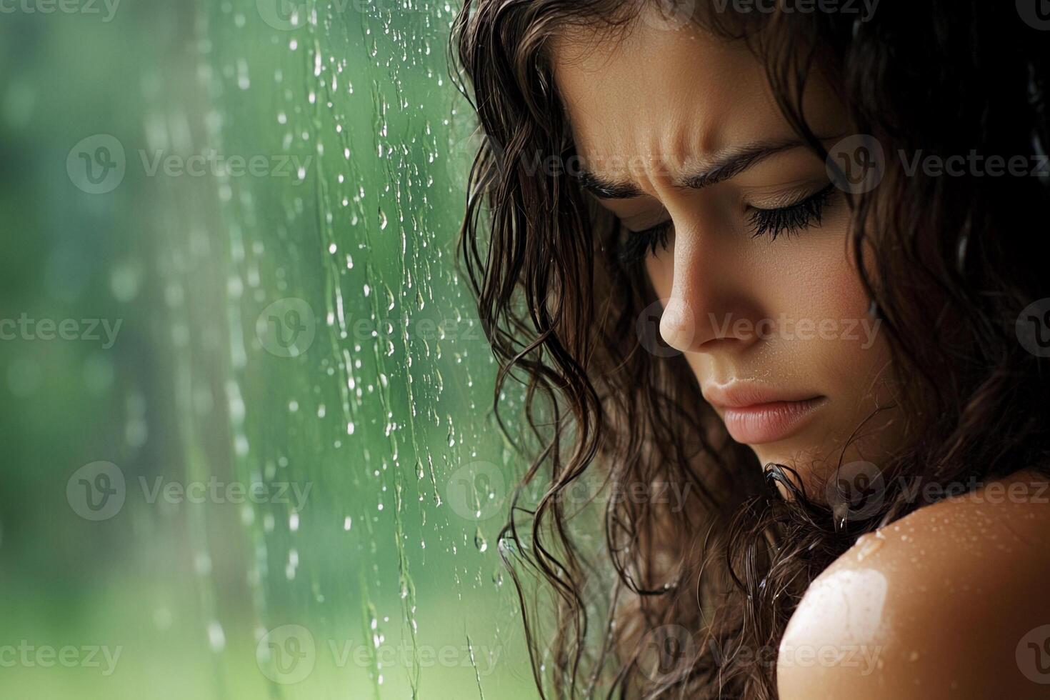 A woman looking out the window while standing in the rain photo