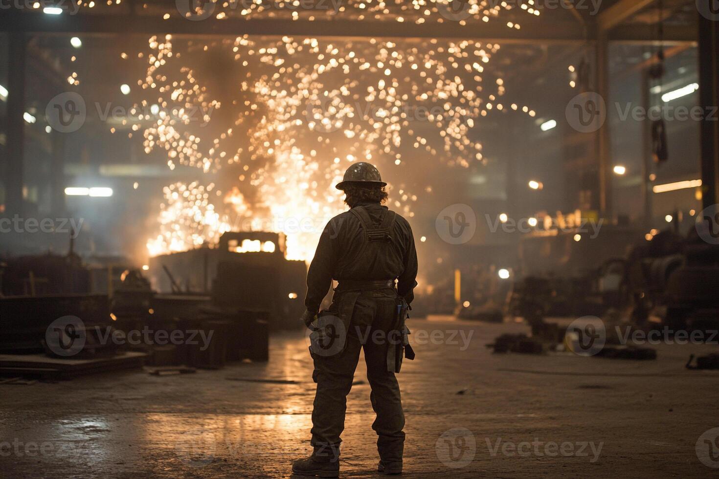 A man standing in front of a factory with fireworks photo