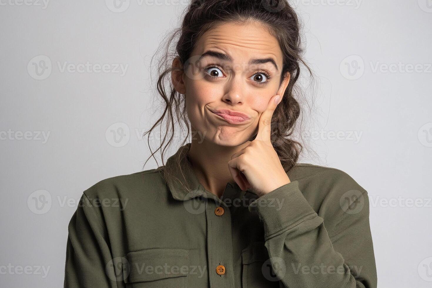 A woman making a funny face while holding her hand to her mouth photo