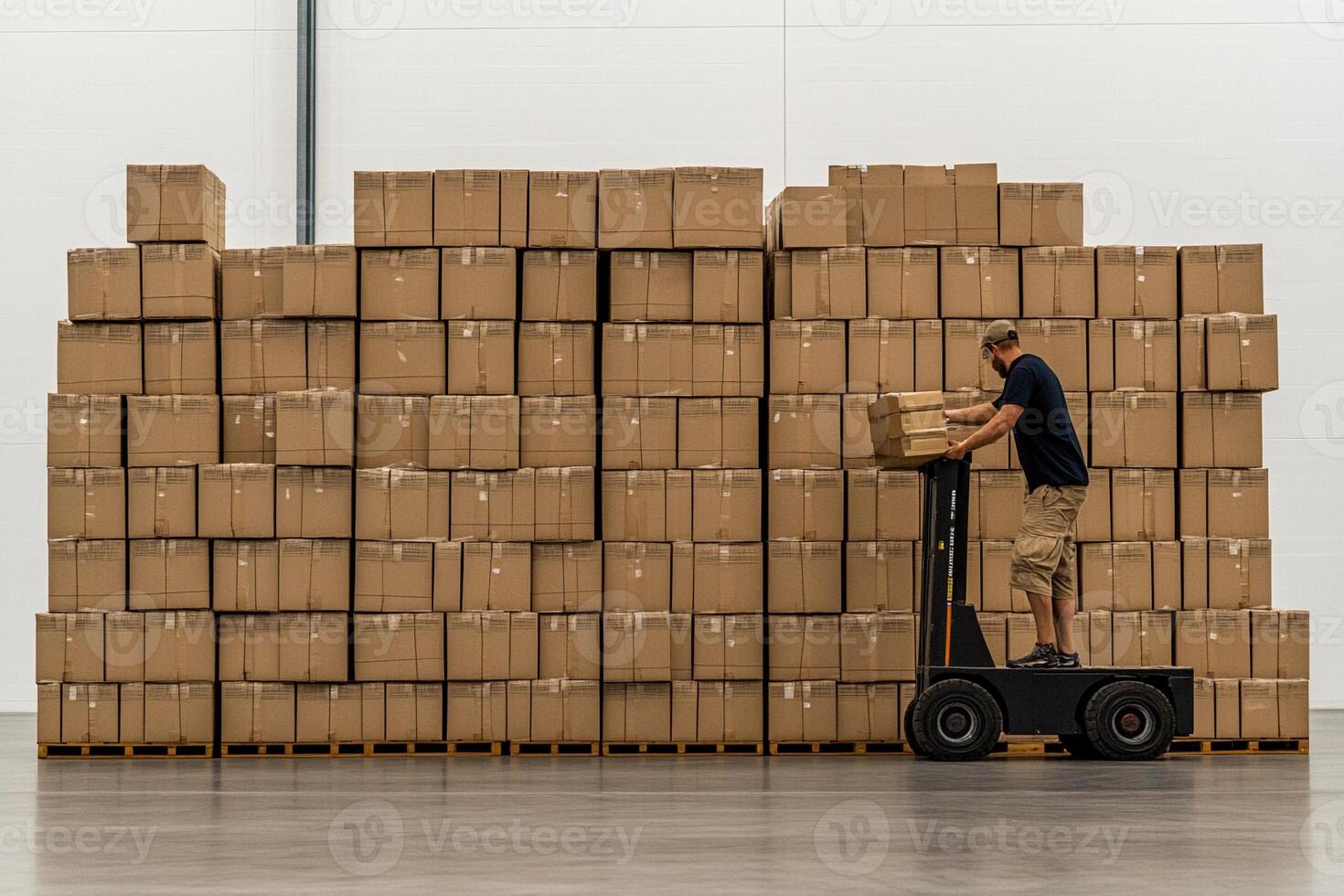 A man is standing on a forklift in front of a large pile of boxes photo